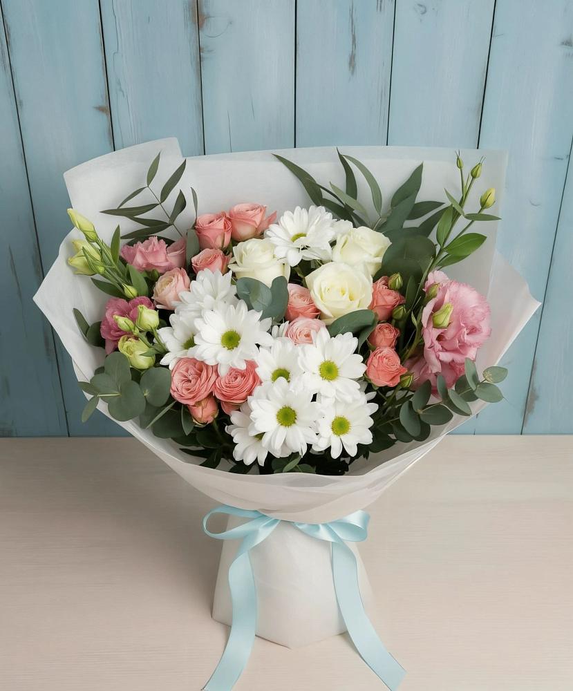 Букет цветов из: Розы, Лизиантусы и Хризантемы в Джалиле