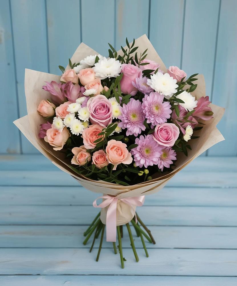 Букет цветов из: Хризантемы, Розы и Альстромерии в Джалиле