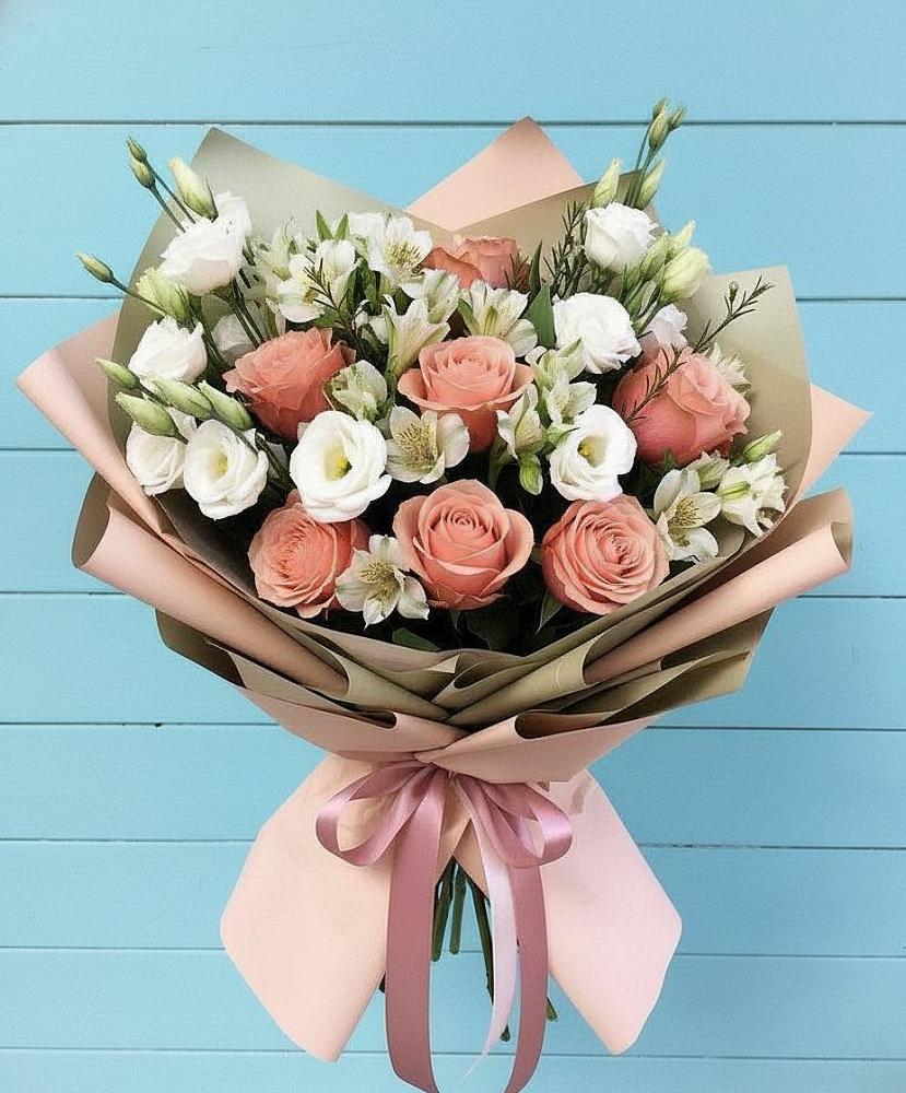 Букет цветов из: Розы, Альстромерии и Лизиантусы в Джалиле