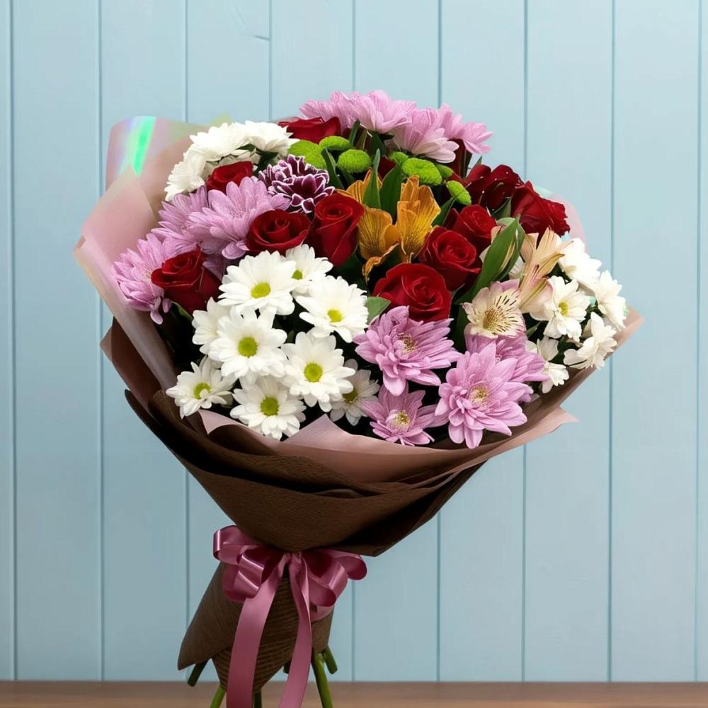 Букет цветов из: Розы, Хризантемы и Альстромерии в Джалиле